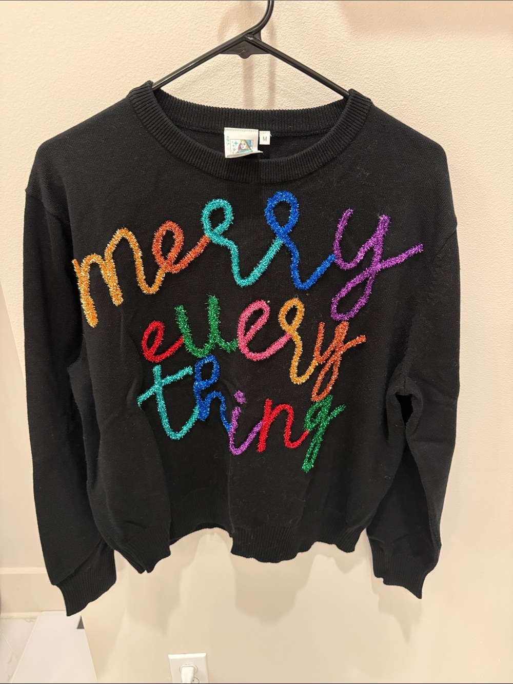 QUEEN OF SPARKLES Black Crewneck Sweater with Multicolor Tinsel Script